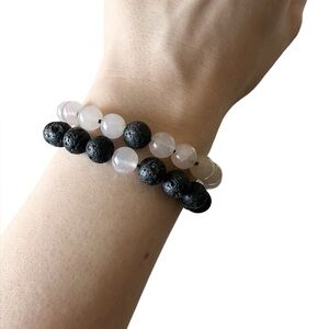 Couple’s bracelet set, faux onyx, faux rose quartz